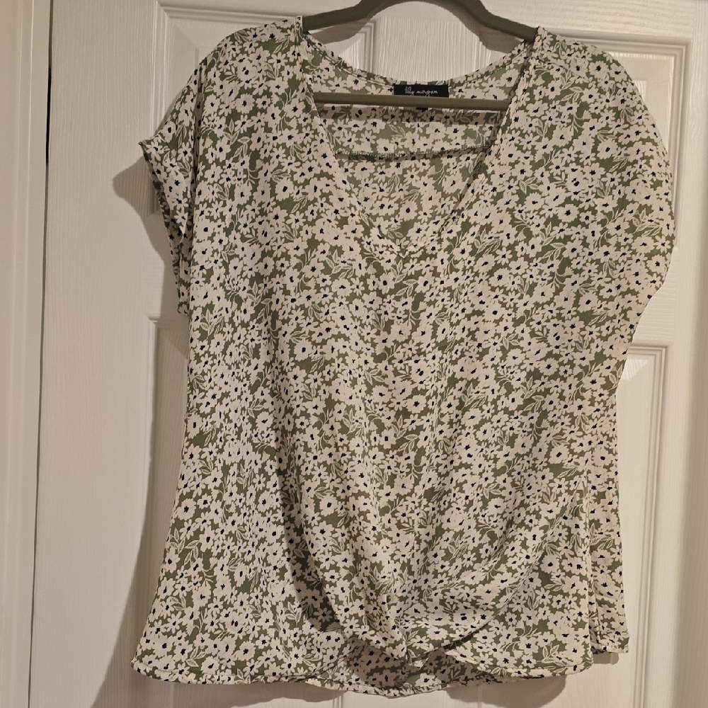 Floral Twist-Front V-Neck Blouse in Olive & White